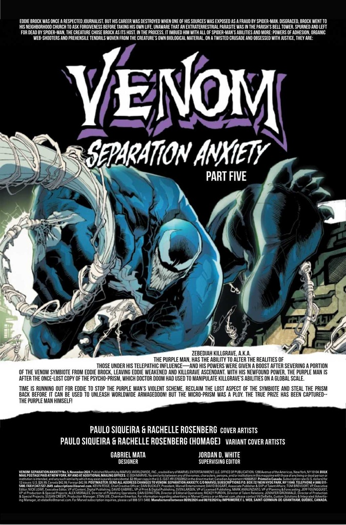 VENOM SEPARATION ANXIETY #5 (OF 5) PAULO SIQUEIRA HOMAGE VAR