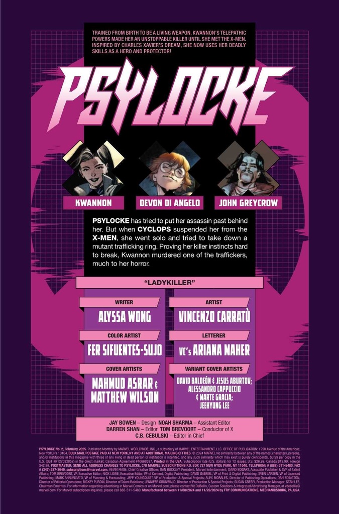 PSYLOCKE #2 DAVID BALDEON MARVEL COMICS PRESENTS VAR